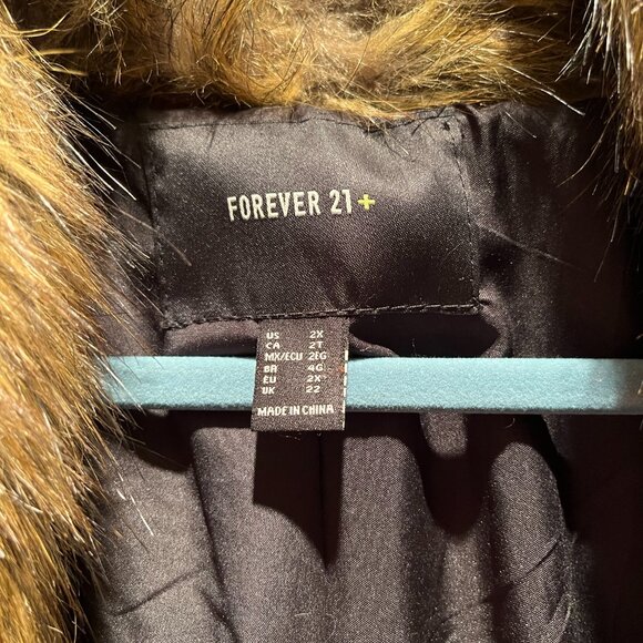 FOREVER 21+ Cream Brown White Plaid Faux Fur Collar Tie Trench Pea Coat Jacket - Picture 3 of 4